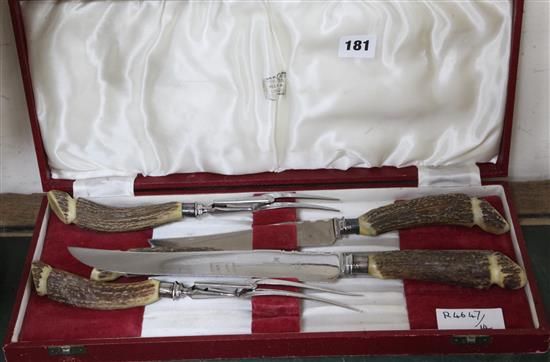 A plated Harrods bone carving set, in red morocco presentation case